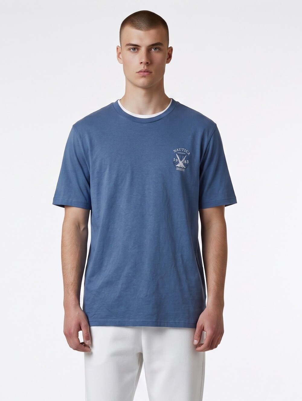 Nautica Short Sleeve Crew T-Shirt in Faded Blue with Chest Crest